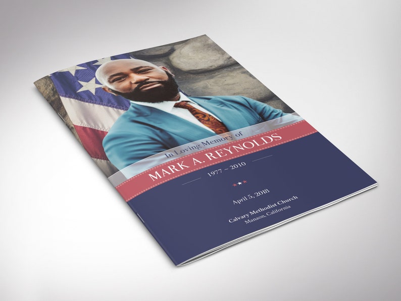 Front Cover - American Military Funeral Program Canva Template - V4. is 11x8.5 inches and bifold to 5.5x8.5 inches. This meticulously crafted 8-page bi-fold program pays tribute to those who have served our nation