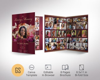 Loving Tabloid Funeral Program Template 1, Canva Template, Burgundy Gold | Celebration of Life | 8 Pages | 11x17 in