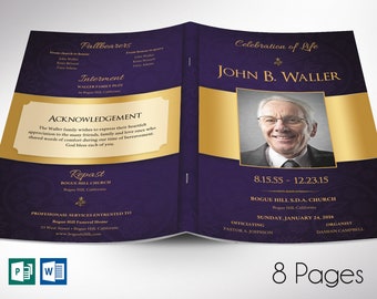 Purple Gold Funeral Program Template | Word Template, Publisher | Celebration of Life | 8 Pages | 5.5x8.5 inches