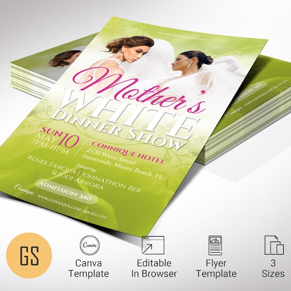 Mothers Day Flyer Template for Canva | Green Red, Modern Event Invitation, Women's Day Brunch, Women’s Fellowship, Dinner Show | 3 Sizes