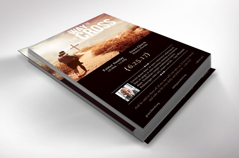 Cross Way Easter Flyer Template for Canva is Size 5.5x8.5 inches. The design depicts a man running on a path toward a cross. The Church Invitation Postcard is for church Easter Services, Sermon Series, and Easter Cantatas.