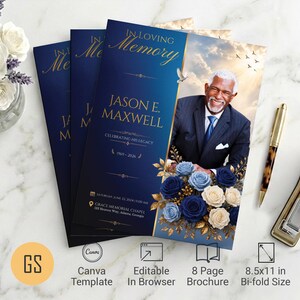 May include: A funeral programme brochure template featuring a deep blue background with gold text reading In Loving Memory, Jason E. Maxwell, Celebrating His Legacy, 1969-2026, and event details. It includes a photo of a man in a suit and blue roses.