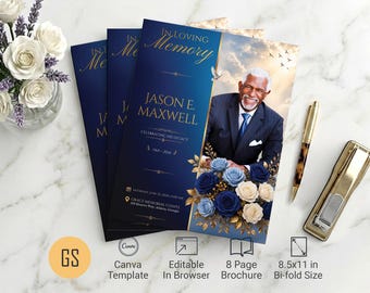 Blue Rose Funeral Program Canva Template 8 Page Tabloid Memorial Obituary Booklet (11x17)
