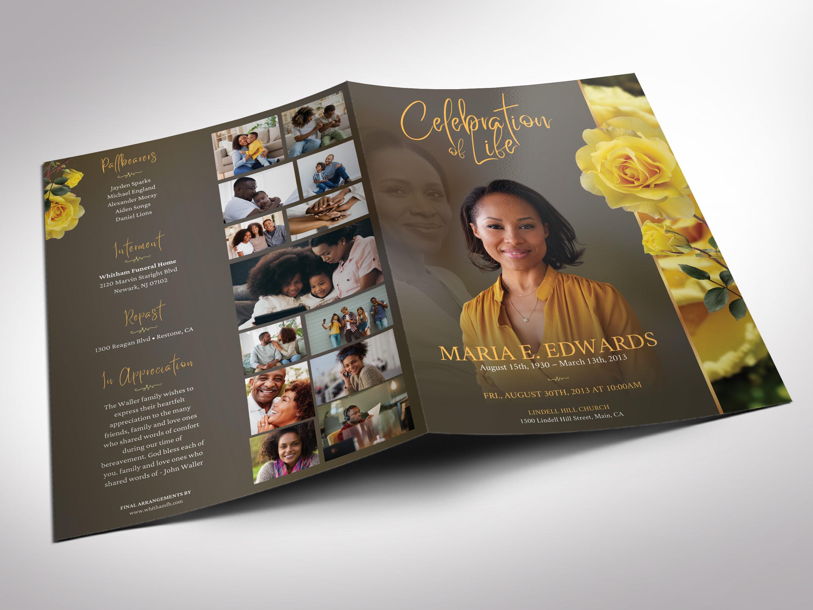 Yellow Roses Funeral Vector Yellow Rose Funeral Program Template | Canva: 8 Page Floral Bifold ...