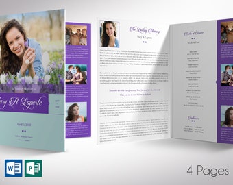 Purple Teal Tabloid Funeral Program Template | Word Template, Publisher | Celebration of Life | 4 Pages | 11x17 inches