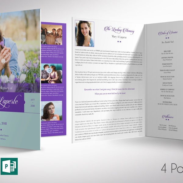 Purple Teal Tabloid Funeral Program Template | Word Template, Publisher | Celebration of Life | 4 Pages | 11x17 inches