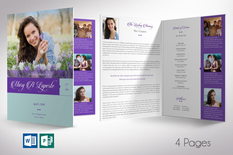 Purple Teal Tabloid Funeral Program Template Word Template, Publisher Celebration of Life 4 Pages 11x17 inches image 1