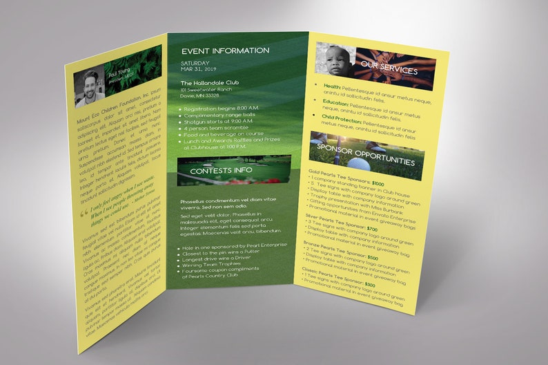 Charity Golf Tournament Trifold Brochure Template, Word-Vorlage, Verlag, Golfspiele, grün, gelb, 11x21,5 cm Bild 6