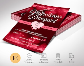 May include: A red and pink flyer with a heart design and the text "Valentines Banquet" for a church event on February 14th, 2025. The flyer includes the event time, location, and ticket prices.