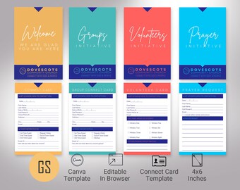 May include: Four colorful connect cards with a blue and white logo for Dovescots Community Church. Each card has a different heading: Welcome, Groups Initiative, Volunteers Initiative, and Prayer Initiative. The cards are designed for church visitors to fill out their contact information.
