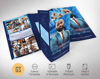 Blue Marble Funeral Program Template: Men's Legal Trifold Obituary (Canva, 14x8.5")