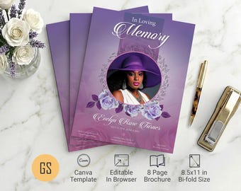 Plantilla de programa funerario Purple Rose / Canva: Obituario conmemorativo plegable de 8 páginas (8,5 x 11) Descarga digital