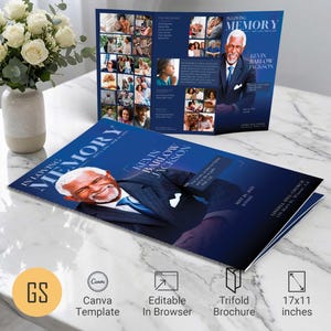 Blue Dawn葬儀プログラムテンプレート（Canva用）：タブロイド型三つ折り雑誌スタイル死亡記事（11x17）デジタルダウンロード