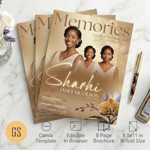 May include: A funeral program brochure titled Memories of Her Symphony featuring a portrait of a woman, the name Sharhi Janet Nicolson, and dates 1976-2025. The gold-toned design includes an orchid graphic, church details, and 8.5x11 inch dimensions.
