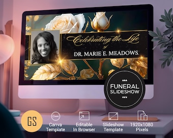 Plantilla de presentación de diapositivas para funeral de White Rose en Canva. Video conmemorativo de 32 diapositivas. Celebración de la vida (MP4).