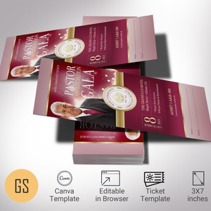 Pastor Anerkennung Bankett Ticket Vorlage, Canva, Burgundy Gold, Jubiläum der Kirche, Benefizveranstaltung, bearbeitbarer digitaler Download 3x7 ""