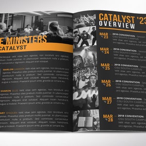 Catalyst Youth Conference Program Template for Canva – perfect for any youth gathering! Make a big impression with your youth conference program. This Canva template will create a stylish and modern personal look for your program. With 8 pages