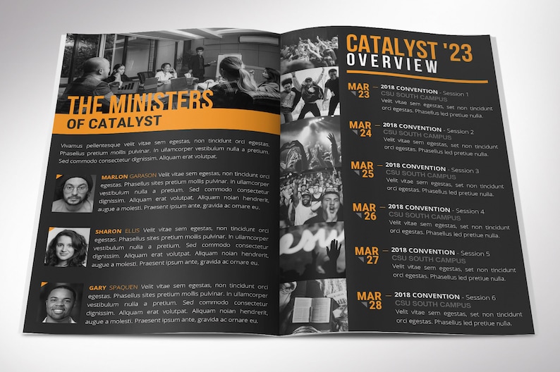 Catalyst Youth Conference Program Template for Canva – perfect for any youth gathering! Make a big impression with your youth conference program. This Canva template will create a stylish and modern personal look for your program. With 8 pages