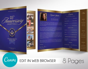 Violet Gold Anniversary Gala Program  Large Template for Canva | 8 Pages | Bi-fold to 8.5x11 inches