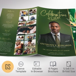 Plantilla de programa funerario ecológico para Canva, 8 páginas, verde paraíso y dorado, celebración de la vida, obituario para hombres, tamaño carta de EE. UU., plegable hasta 5,5 x 8,5"