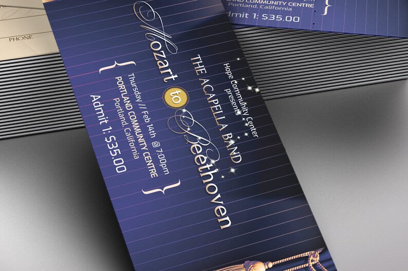 Musical Event Ticket Template Blue Gold, Word Template, Publisher V1, Blue Beige, Concert Ticket, Church Event, 6x2 in image 9