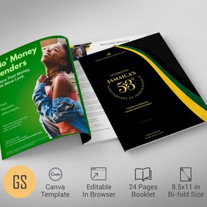 May include: A brochure with a green cover featuring the text "Mo' Money Lenders" and a photo of a woman. The brochure on the right celebrates Jamaica's 53rd Anniversary of Independence. The booklet is 8.5x11 inches in bi-fold size.