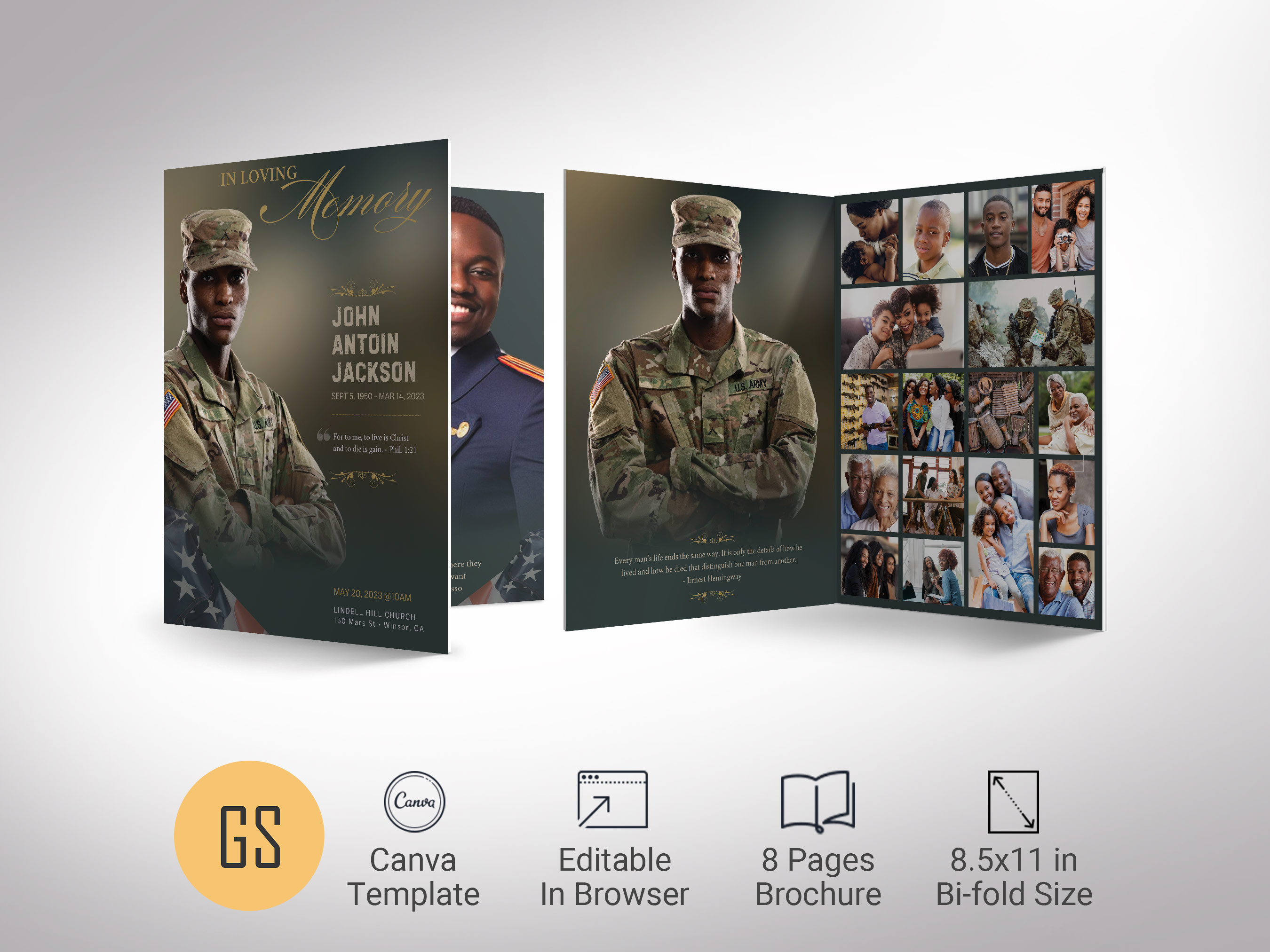 Army Funeral Program Template: Green & Gold Obituary, Celebration of Life (Canva, 11x17, 8 Page)