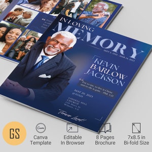 Può includere: Un opuscolo di programma funebre di 8 pagine in blu e bianco con una foto di un uomo in abito e cravatta. Il testo recita "In memoria affettuosa Kevin Barlow Jackson 8 settembre 1950 - 14 marzo 2023" e "Perché per me il vivere è Cristo e il morire è guadagno. Fil. 1:21".