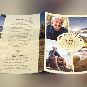 Nature Funeral Program Photoshop Template V1 features nature scenery, a yellow earth tone, and brown text. The Print Size is 11x8.5 inches, and it Bi-Fold to 5.5x8.5 inches. It is a modern funeral service bi-fold brochure. For males and females.