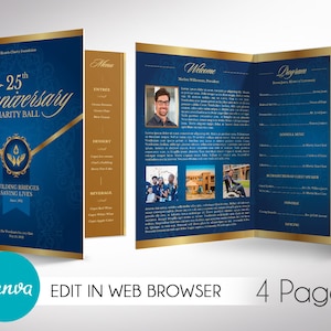 Blue & Gold Anniversary Gala Program Template: Bifold Brochure (Canva, Digital Download)