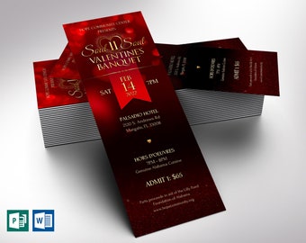 Gala Ticket Template | Word Template, Publisher | Valentines Day, Fundraiser Banquet | 5 backgrounds | 2x6 inches