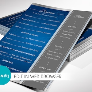 Blue Silver Anniversary Gala Program Template: Elegant Banquet (Canva, 5.5x8.5&quot; Digital Download)