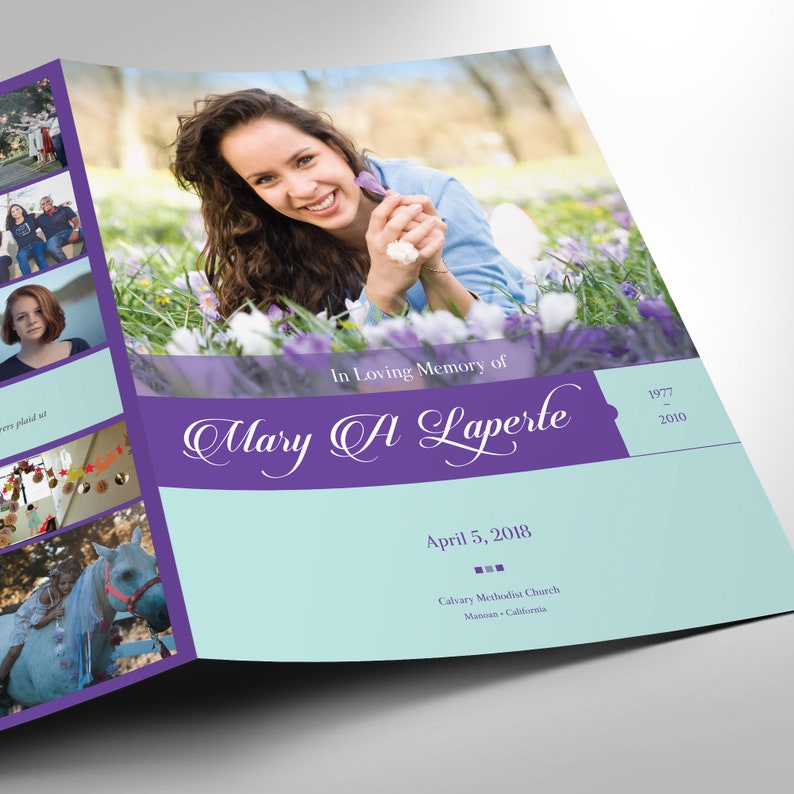 Purple Teal Tabloid Funeral Program Template Word Template, Publisher Celebration of Life 8 Pages 11x17 inches image 6