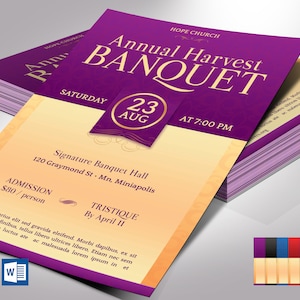 Ensemble de modèles de Flyer pour le banquet de l'église, Word et éditeur, or violet, invitation pour l'anniversaire de l'église, gala de reconnaissance du pasteur, 5,5 x 8,5 po.