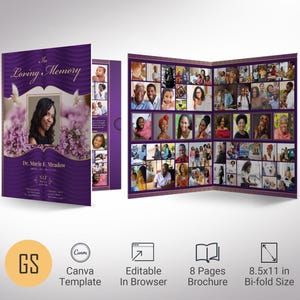 Purple & Gold Funeral Program Template: Celebration of Life (Canva, 8 Pages, 11x17 in)