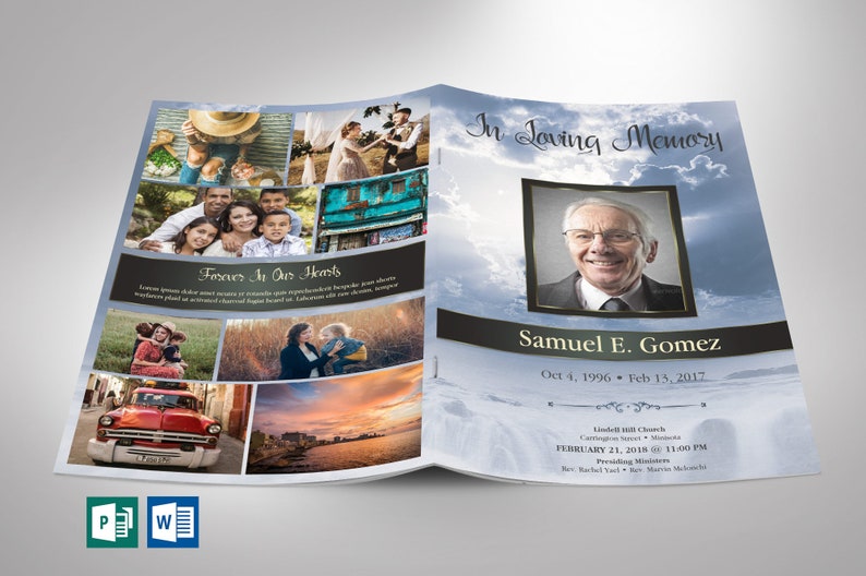 Blue Sky Funeral Program Template Word Template, Publisher, Celebration of Life, Memorial Service, 4 Pages, 5.5x8.5 in image 1