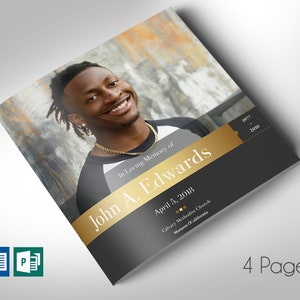 Black Gold Funeral Program Template Set, Word and Publisher, Square, Celebration of Life, Obituary Template for Men, 4 Pages, Bi-fold 8x8 in