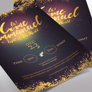 Emmanuel Christmas Flyer Word Publisher Template, Size 5 x 8 inches,  is for events during the Christmas season. Great for Christmas Cantatas, Plays, Pageants, Banquets, Dinner Dance, etc. It has a deep night blue background and golden stars.