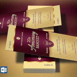 Puede incluir: Una pila de boletos dorados y burdeos para un banquete del 20º aniversario. Los boletos están impresos con la fecha "15 de enero" y la hora "7:00 pm". Los boletos también incluyen la ubicación "The Grand Lux Hotel" y la dirección "2008 Maple Drive - Indian Creek, MN".