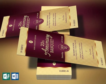 Plum Purple & Gold Anniversary Banquet Ticket Template for Word and Publisher (3x6) Digital Download