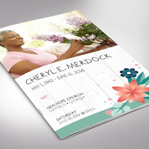 Spring Funeral Program Template for Word and Publisher has 8 pages. The Celebration of Life obituary template is a scrapbook style with teal, beige, and pink. The Print Size of 11x8.5 inches is Bi-Fold to 5.5x8.5 inches. Designed for funerals