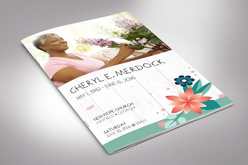 Spring Funeral Program Template for Word and Publisher has 8 pages. The Celebration of Life obituary template is a scrapbook style with teal, beige, and pink. The Print Size of 11x8.5 inches is Bi-Fold to 5.5x8.5 inches. Designed for funerals