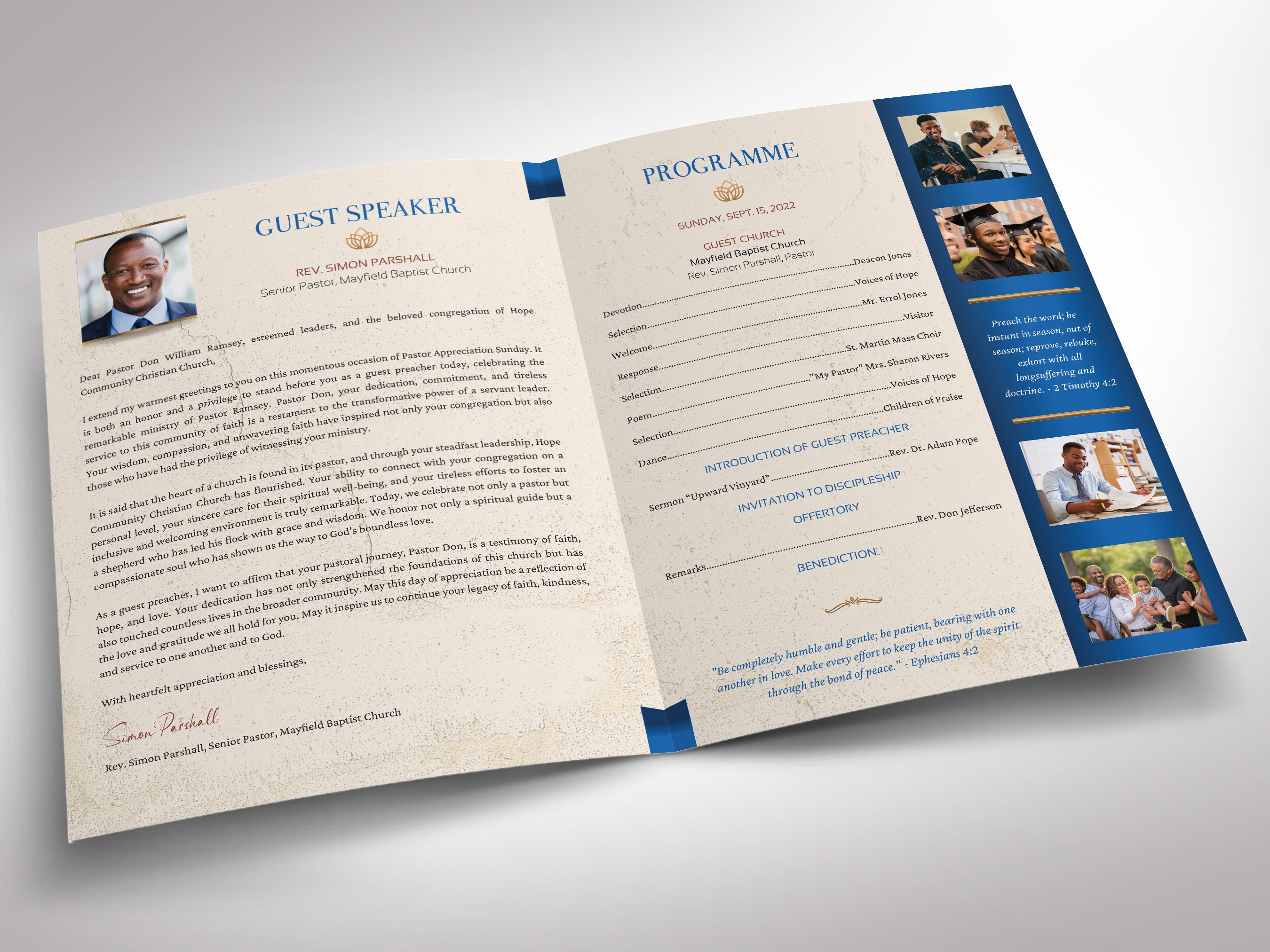 Church Appreciation Program Pastor Appreciation Program Template for Canva: Blue & Gold 8-page ...