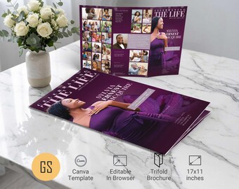 Purple Lily Funeral Program Template: 11x17 Tabloid Trifold Magazine Obituary for Canva (Digital Download)