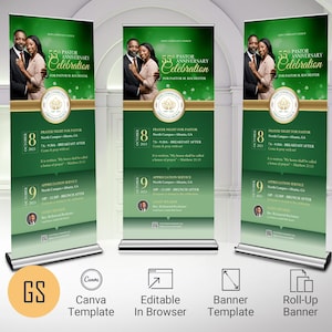 Pastor Anniversary Banner Template: Green and Gold Church Signage (Canva, Digital Download)