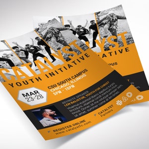 Catalyst Youth Flyer Template for Canva has 2 Print Sizes (4x6 and 5.5x8.5 inches). The youth summit flyer is designed with bold orange colors and geometric shapes. Great for any kind of youth summit, convention, camp