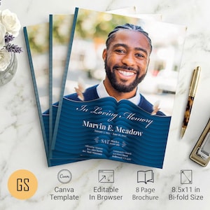 Blue & Silver Waves Funeral Program Template | Canva: 8-Page Bifold Memorial Obituary (8.5x11) Digital Download