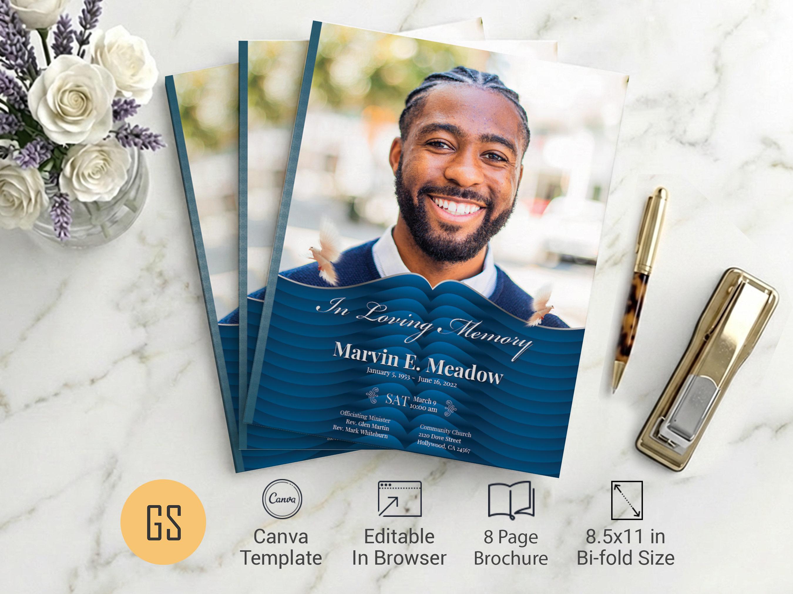 Blue & Silver Waves Funeral Program Template | Canva: 8-page