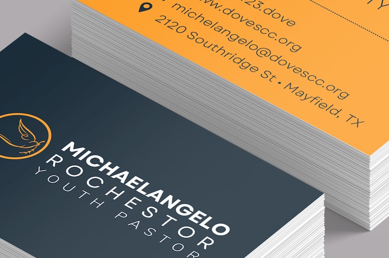 Modern Church Business Card Template for Canva is Size 3.5x2 inches. It features a blue and yellow color scheme. Great for church business cards and pastor business cards. The contrast between the bright and dark colors gives a minimalistic modern