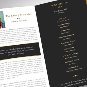 Remember Gold Tabloid Trifold Funeral Program Template for Word and Publisher is 17x11 inches. The tabloid trifold brochure features Gold and Black colors with beautiful typography, making it a great gift to remember your loved one. The trifold